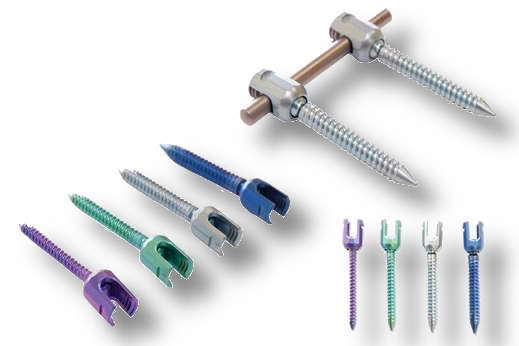 Imagem de vários parafusos coloridos para implante de coluna