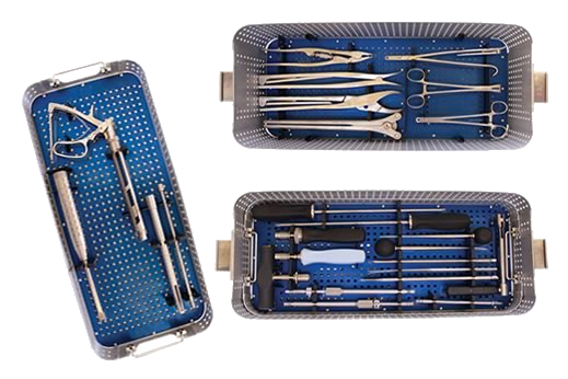 Imagem de uma caixa com vários instrumentos cirúrgico para coluna.